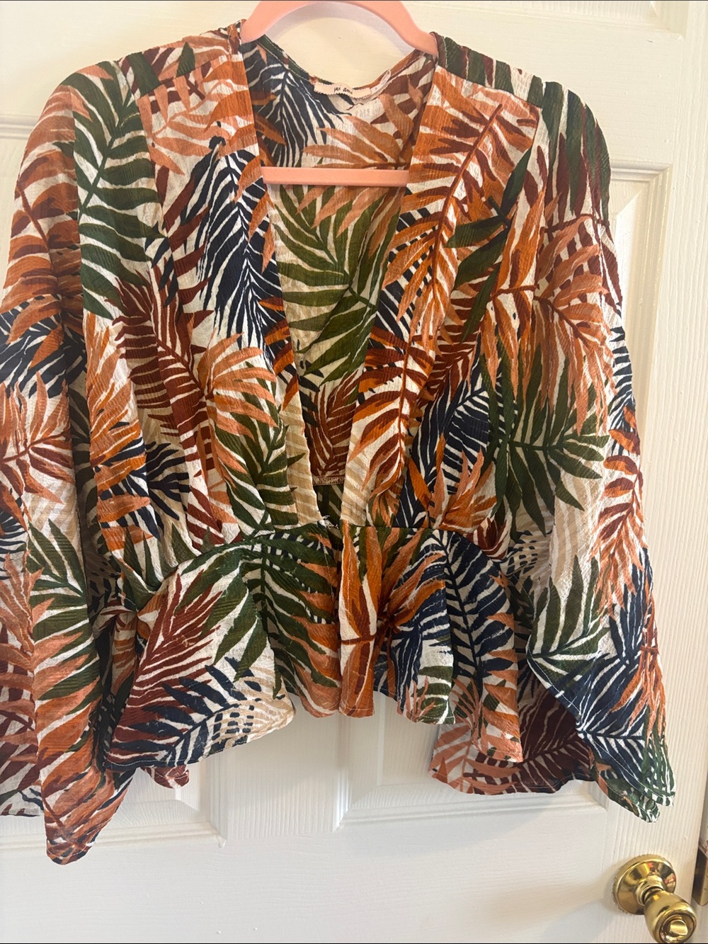 Women’s Tropical Leaf Print Peplum Top - Green, Rust & Navy